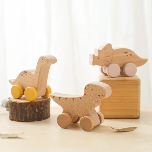 Holz Baby Auto Spielzeug Buche Holz Dinosaurier Cartoon Auto Beißring Pädagogisches Montessori Spielzeug Für Kinder Zahnen Baby Spielzeug