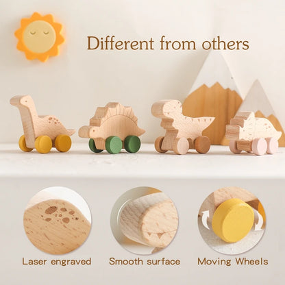 Holz Baby Auto Spielzeug Buche Holz Dinosaurier Cartoon Auto Beißring Pädagogisches Montessori Spielzeug Für Kinder Zahnen Baby Spielzeug