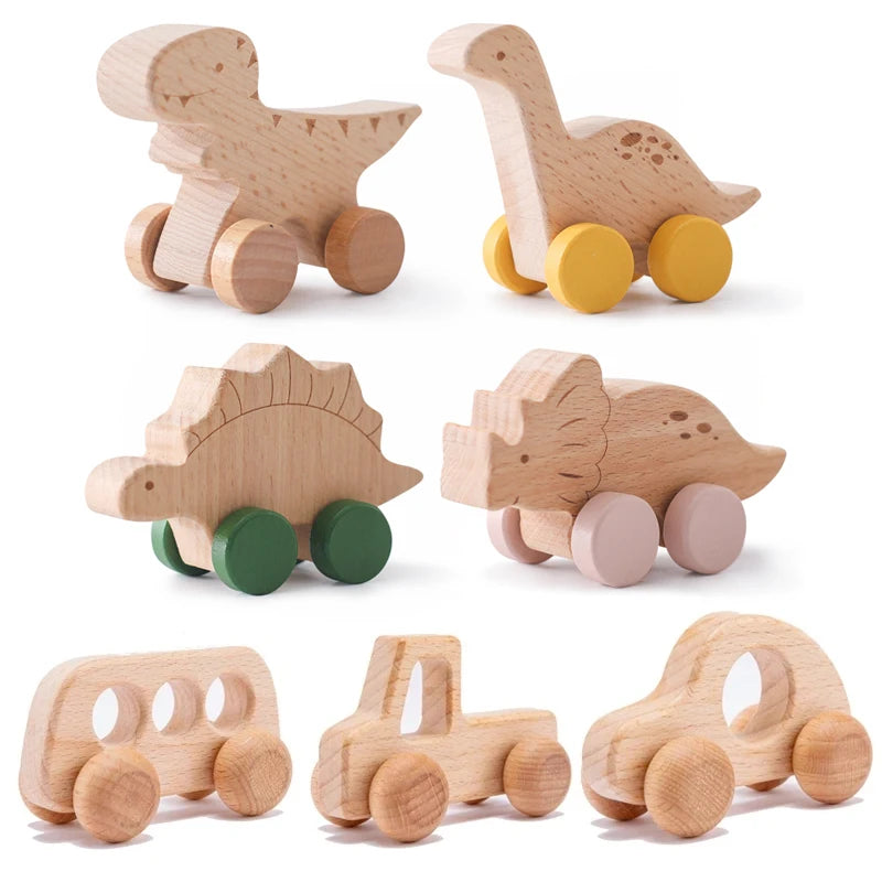 Holz Baby Auto Spielzeug Buche Holz Dinosaurier Cartoon Auto Beißring Pädagogisches Montessori Spielzeug Für Kinder Zahnen Baby Spielzeug