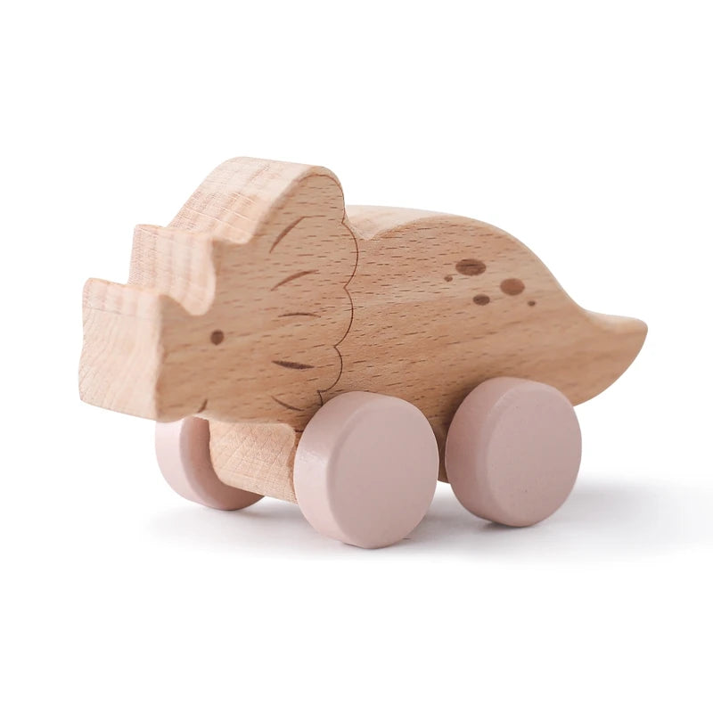 Holz Baby Auto Spielzeug Buche Holz Dinosaurier Cartoon Auto Beißring Pädagogisches Montessori Spielzeug Für Kinder Zahnen Baby Spielzeug