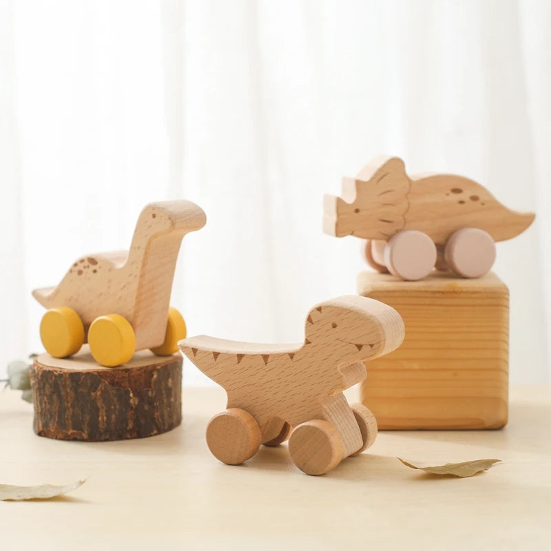 Holz Baby Auto Spielzeug Buche Holz Dinosaurier Cartoon Auto Beißring Pädagogisches Montessori Spielzeug Für Kinder Zahnen Baby Spielzeug